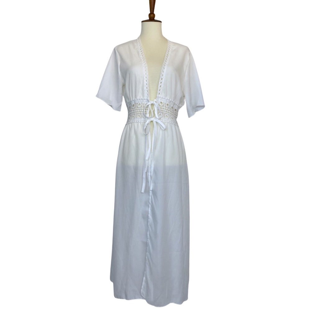 Boho White Chiffon Crochet Waist Maxi Coverup - Picture 8 of 16